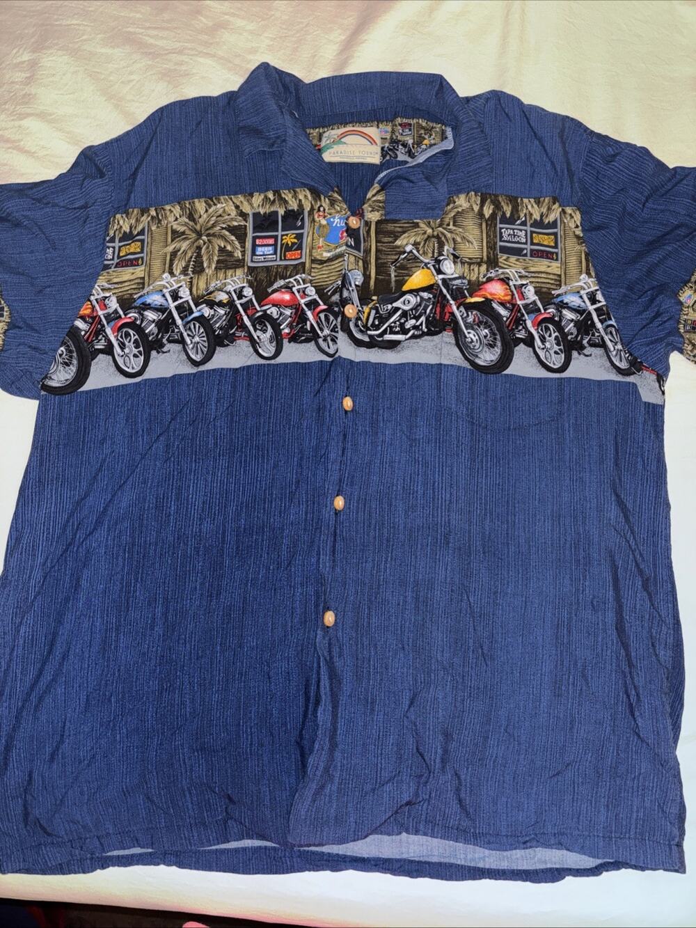 Paradise Found Hawaiian Shirt Mens L Large Blue Rayon Motorcycle Chopper Biker